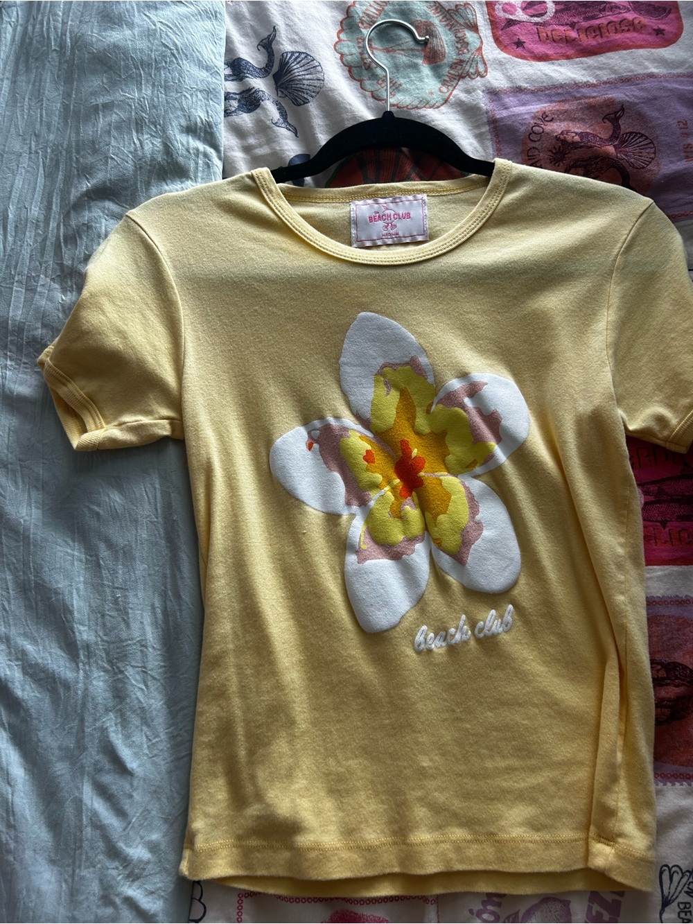 The Beach Club Yellow Short Sleeve Tee with White & Multicolor Floral Applique